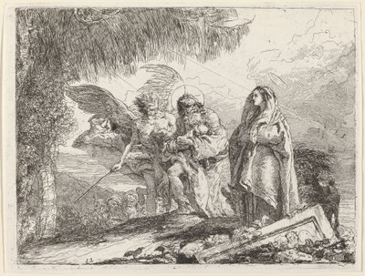 De vlucht, Heilige Familie wandelend met engel door Giovanni Domenico Tiepolo