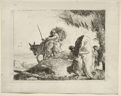 De Vlucht naar Egypte: De Vlucht met de Madonna Rechts Ondersteund door Engelen door Giovanni Domenico Tiepolo