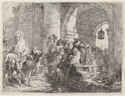 De Heilige Familie arriveert bij een stadspoort door Giovanni Domenico Tiepolo