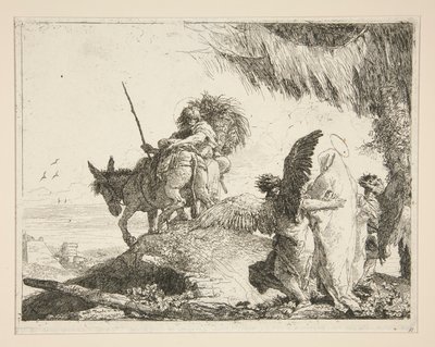De Heilige Familie tussen twee engelen, uit de serie Idee pittoresche sopra la fuga in Egitto (Vlucht naar Egypte) door Giovanni Domenico Tiepolo