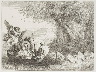 De Heilige Familie steekt het meer over in de boot, plaat zeventien uit De Vlucht naar Egypte door Giovanni Domenico Tiepolo