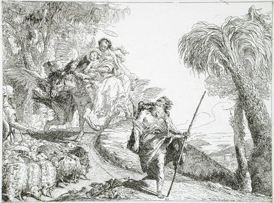 De Heilige Familie daalt een bospad af, nabij een kudde en enkele herders door Giovanni Domenico Tiepolo