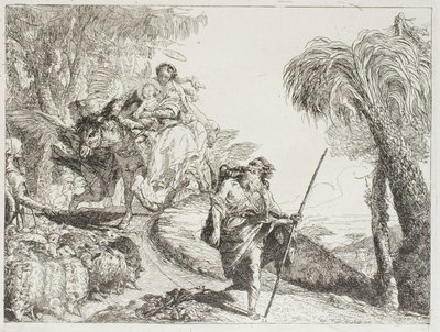 De Heilige Familie die een Bosweg Afdalen, Bij een Kudde en Enkele Herders, plaat 21 uit De Vlucht naar Egypte door Giovanni Domenico Tiepolo