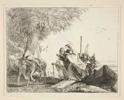 De Heilige Familie ontscheping, uit de serie Idee pittoresche sopra la fuga in Egitto (Vlucht naar Egypte) door Giovanni Domenico Tiepolo