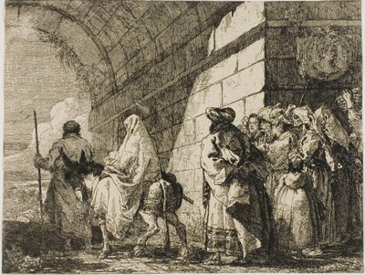 De Heilige Familie verlaat een stadspoort, plaat zeven uit De Vlucht naar Egypte door Giovanni Domenico Tiepolo