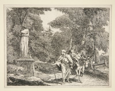 De Heilige Familie passeert een standbeeld, uit de serie Idee pittoresche sopra la fuga in Egitto door Giovanni Domenico Tiepolo