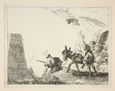 De Heilige Familie passeert een piramide, uit de serie Idee pittoresche sopra la fuga in Egitto (Vlucht naar Egypte) door Giovanni Domenico Tiepolo