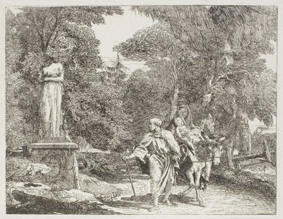 De Heilige Familie die Langs een Beeld Gaat, waarvan het Hoofd op de Grond Valt, plaat 22 uit De Vlucht naar Egypte door Giovanni Domenico Tiepolo