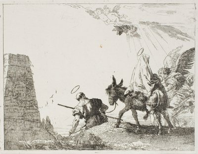 De Heilige Familie passeert een piramide, plaat twintig uit De vlucht naar Egypte door Giovanni Domenico Tiepolo