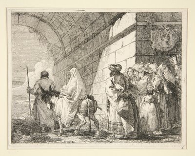 De Heilige Familie onder een boog, vertrekkend door een stadspoort, uit de serie Idee pittoresche sopra la fuga in Egitto (Vlucht naar Egypte) door Giovanni Domenico Tiepolo