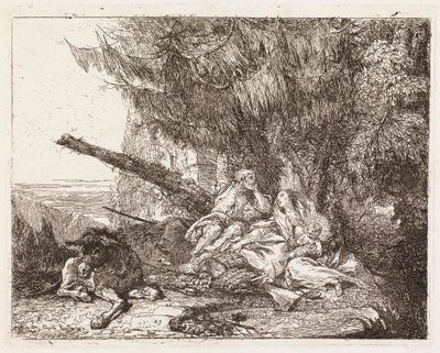 De Heilige Familie rustend onder een spar (De vlucht naar Egypte XXIII) door Giovanni Domenico Tiepolo