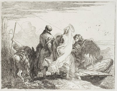 De Heilige Familie stapt van de oever, plaat vijftien uit De vlucht naar Egypte door Giovanni Domenico Tiepolo