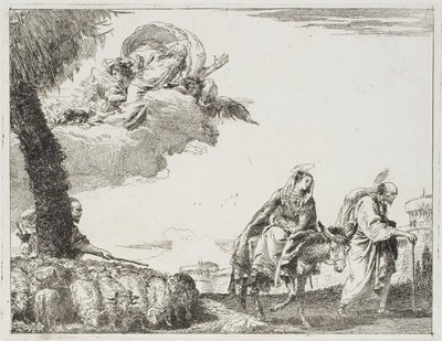 De Heilige Familie Wandelt Langs een Stadsmuur. Links een Herder met zijn Kudde en God de Vader, plaat acht uit De Vlucht naar Egypte door Giovanni Domenico Tiepolo