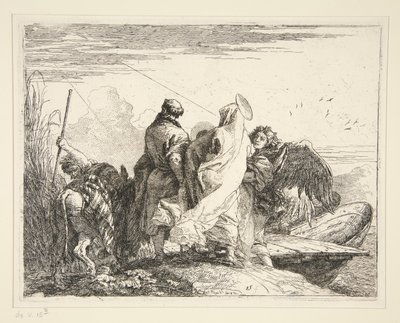 De Heilige Familie bij een rivier, uit de serie Idee pittoresche sulla fuga in Egitto (Vlucht naar Egypte) door Giovanni Domenico Tiepolo