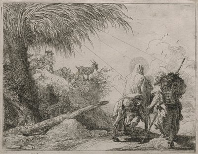 De Heilige Familie op een rotsachtig pad, uit de serie Idee pittoresche sulla fuga in Egitto door Giovanni Domenico Tiepolo