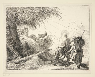 De Heilige Familie op een Rotsachtig Pad, uit de serie Idee pittoresche sulla fuga in Egitto door Giovanni Domenico Tiepolo