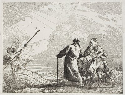 De Heilige Familie aan de oever van een rivier, plaat veertien uit De vlucht naar Egypte door Giovanni Domenico Tiepolo