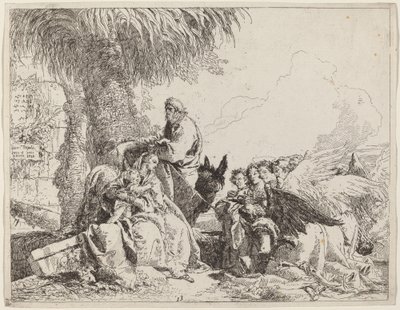 De Rust tijdens de Vlucht, met Aanbiddende Engelen door Giovanni Domenico Tiepolo