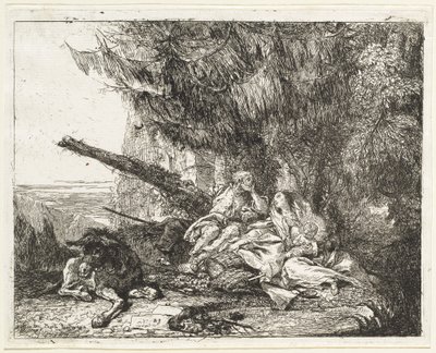 De rust tijdens de vlucht, met Heilige Familie onder een boom door Giovanni Domenico Tiepolo