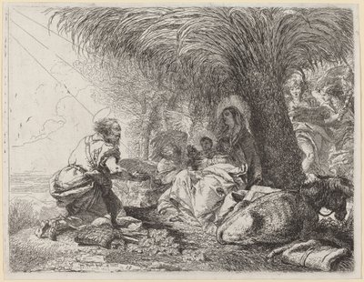 De rust tijdens de vlucht met Jozef in aanbidding door Giovanni Domenico Tiepolo
