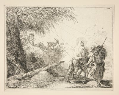 De Maagd, gezeten op de ezel en gezien van achteren, uit de serie Idee pittoresche sopra la fuga in Egitto (Vlucht naar Egypte) door Giovanni Domenico Tiepolo