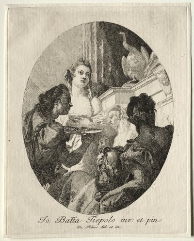 Drie Vrouwen die Geschenken van Marcus Antonius aan Cleopatra Presenteren door Giovanni Domenico Tiepolo