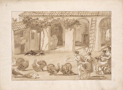 Kalkoenen in een Venetiaanse boerderij, de derde tekening in Tiepolo door Giovanni Domenico Tiepolo
