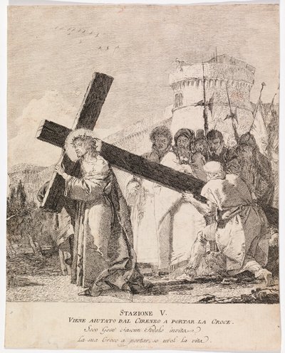 Via crucis - Statie V. Simon van Cyrene helpt Jezus het kruis te dragen door Giovanni Domenico Tiepolo
