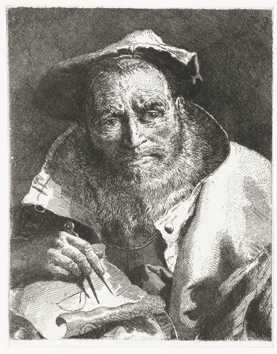 Wetenschapper met baret op hoofd en passer in hand door Giovanni Domenico Tiepolo