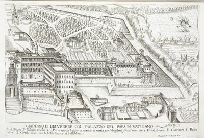 Uitzicht op de Belvedere-tuinen in het Pauselijk Paleis, Vaticaan door Giovanni Domenico de