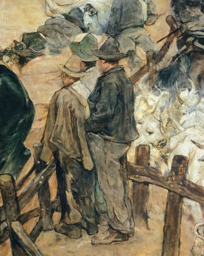 Brandmerken van jonge stieren in Maremma, circa 1887, door Giovanni Fattori, 86x172 cm, Detail door Giovanni Fattori