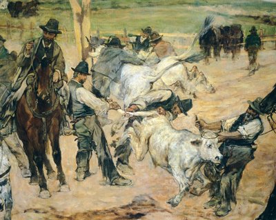 Brandmerken van jonge stieren in Maremma (detail) door Giovanni Fattori