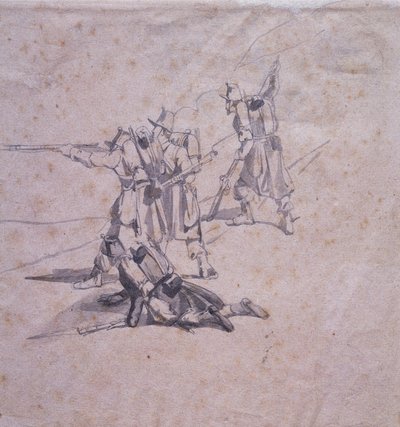 Vier soldaten in actie door Giovanni Fattori