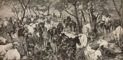 Markt in de Toscaanse Apennijnen, gravure naar een schilderij van Giovanni Fattori, uit L