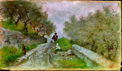 Pad naar de Olijven met wandelaars door Giovanni Fattori
