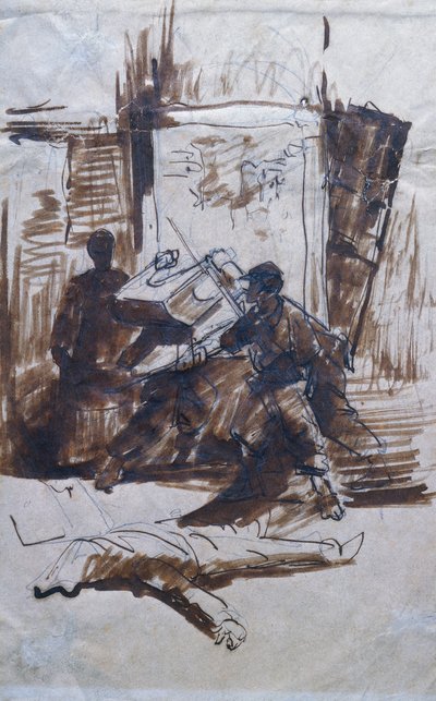 Soldaten in actie in een huis door Giovanni Fattori