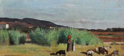 Twee boerinnen met kuddes op het platteland van Livorno, c.1865 door Giovanni Fattori