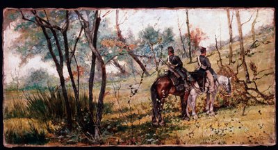Twee soldaten rijden onder de bomen door Giovanni Fattori