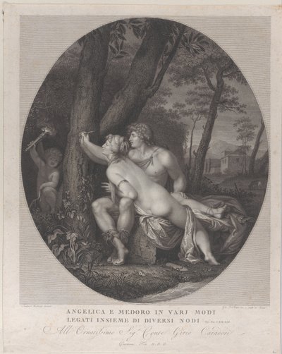 Angelica ligt over de schoot van Medoro en schrijft hun namen op een boomstam door Giovanni Folo