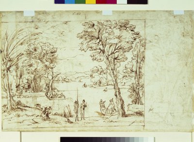 Landschap met figuren aan een rivier door Giovanni Francesco Grimaldi