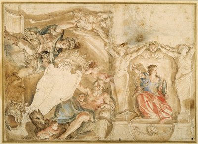 Allegorische decoratie voor een hoek van een gewelfd plafond door Giovanni Francesco Romanelli