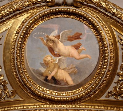 Liefde. Schilderij door Giovanni Romanelli, decoratie van het plafond van de Antonine Hal, slaapkamer van de zomerappartementen van koningin Anna van Oostenrijk door Giovanni Francesco Romanelli