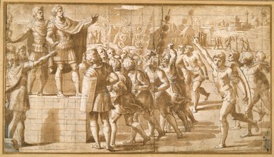 Keizer Constantijn, zijn troepen toesprekend, geschrokken door het visioen van het kruis in de lucht door Giovanni Francesco (c.1488 1528) Penni