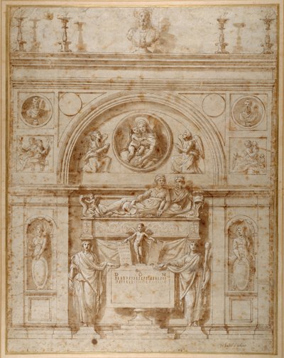 Ontwerp voor een muur graf in Etruskische stijl door Giovanni Francesco (c.1488 1528) Penni