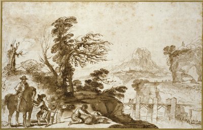 Landschap met een ruiter en een brug door Giovanni Francesco Barbieri