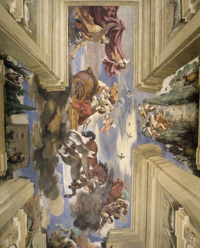 De Sala di Aurora detail van het plafond met de wagen van de Dageraad (detail) door Giovanni Francesco Barbieri