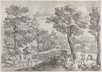 Een groep mensen die kaarten speelt rechts en een man te paard links door Giovanni Francesco Grimaldi
