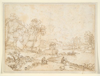 Kliffen aan de rivier met vissers door Giovanni Francesco Grimaldi
