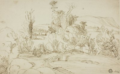 Bos van bomen met heuvels in de verte door Giovanni Francesco Grimaldi