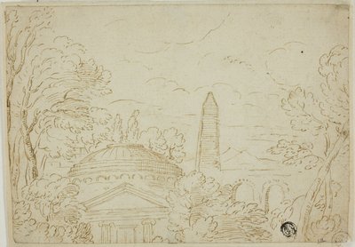 Landschap met tempel, obelisk en aquaduct door Giovanni Francesco Grimaldi